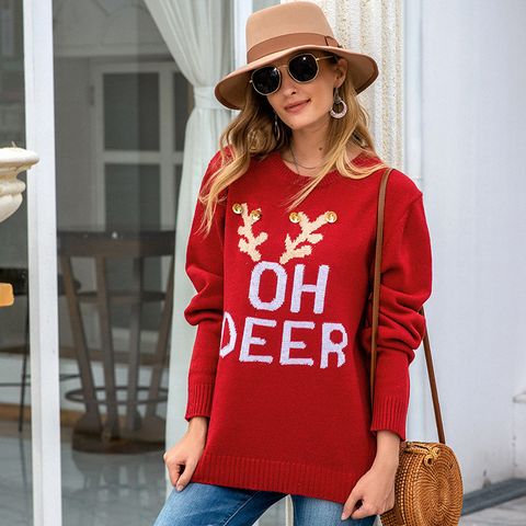 Women's Sweater Long Sleeve Sweaters & Cardigans Jacquard Rib-knit Christmas Letter Antlers