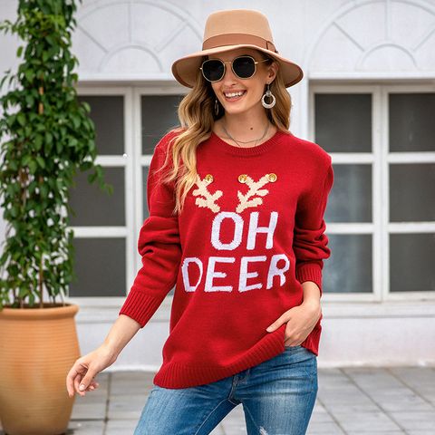 Women's Sweater Long Sleeve Sweaters & Cardigans Jacquard Rib-knit Christmas Letter Antlers