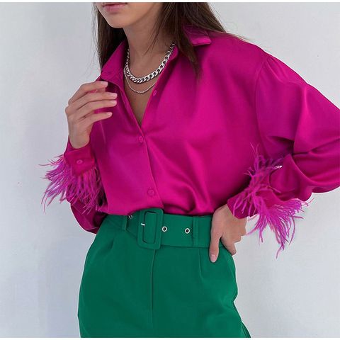 Women's Blouse Long Sleeve Blouses Feather Casual Solid Color