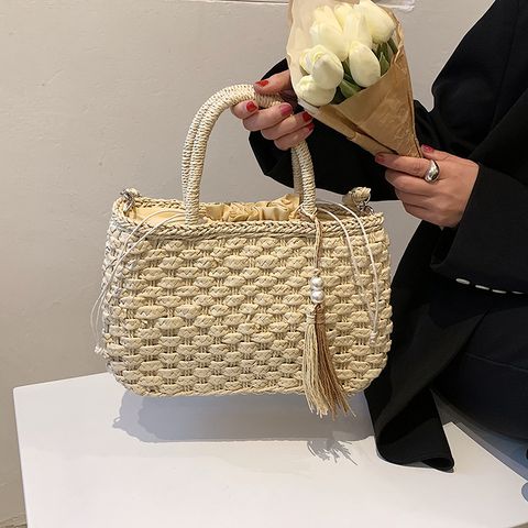 Women's Straw Solid Color Vacation Beach Streetwear Weave Sewing Thread Square String Handbag