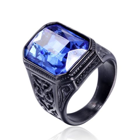 Simple Style Square Titanium Steel Inlay Glass Stone 18K Gold Plated Rhodium Plated Men'S Rings