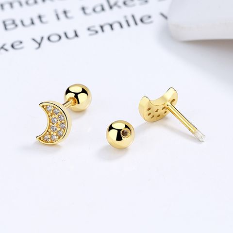 1 Pair Simple Style Moon Plating Inlay Sterling Silver Artificial Gemstones Ear Studs