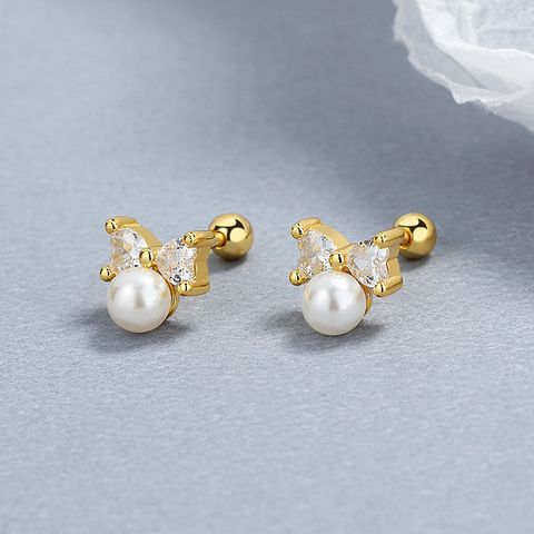 1 Pair Lady Bow Knot Plating Inlay Sterling Silver Artificial Pearls Ear Studs
