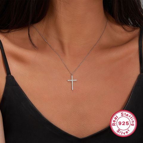Casual Streetwear Cross Sterling Silver Plating Inlay Zircon White Gold Plated Pendant Necklace