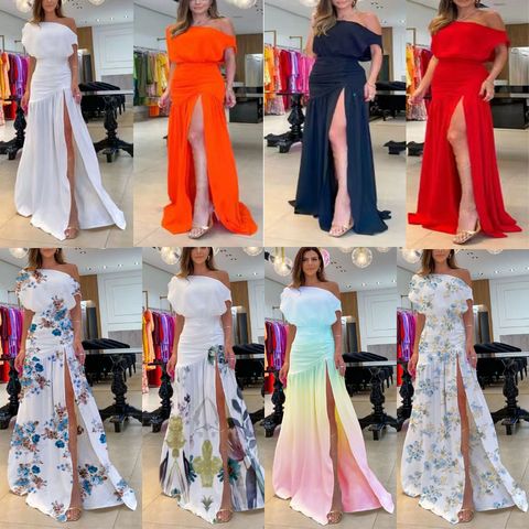 Women's Slit Dress Elegant Sexy Oblique Collar Printing Sleeveless Printing Gradient Color Solid Color Maxi Long Dress Banquet