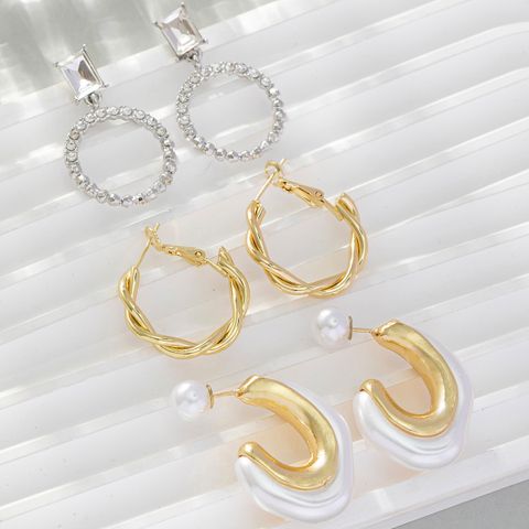 3 Pairs Korean Style C Shape Circle Twist Inlay Imitation Pearl Alloy Rhinestones Earrings