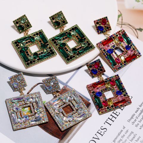 1 Pair Elegant Square Inlay Alloy Artificial Gemstones Drop Earrings