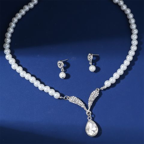 Wholesale Jewelry Elegant Water Droplets Imitation Pearl Alloy Rhinestones Inlay Earrings Necklace