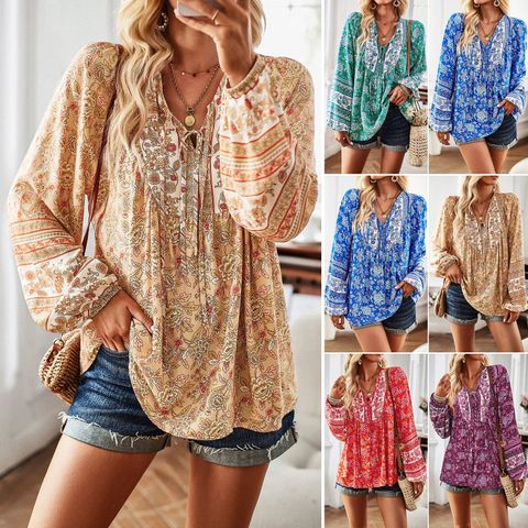 Women's Blouse Long Sleeve Blouses Printing Ethnic Style Printing