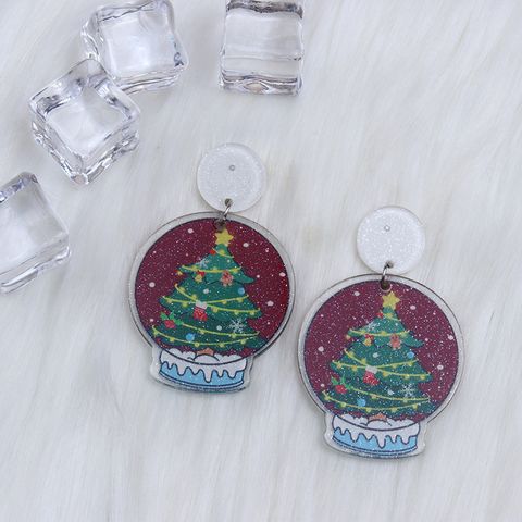 1 Pair Cute Christmas Tree Snowflake Elk Printing Arylic Drop Earrings