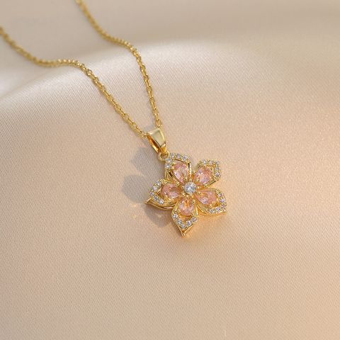Elegant Flower Titanium Steel Copper Zircon Pendant Necklace In Bulk