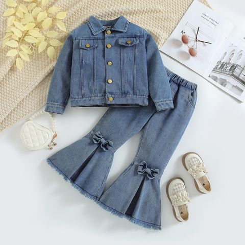 Simple Style Solid Color Bowknot Denim Girls Clothing Sets