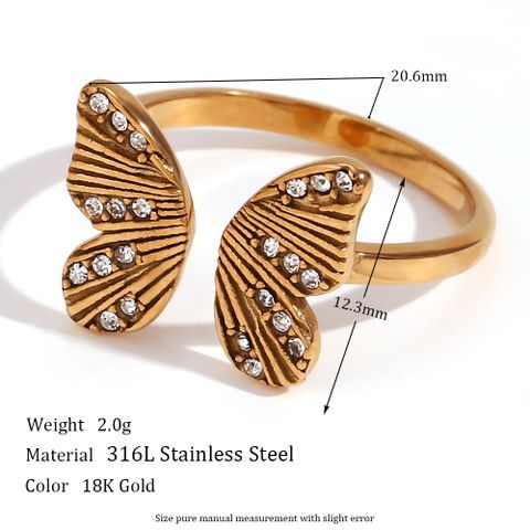 Basic Einfacher Stil Klassischer Stil Schmetterling Rostfreier Stahl Überzug Inlay Zirkon 18 Karat Vergoldet Offener Ring