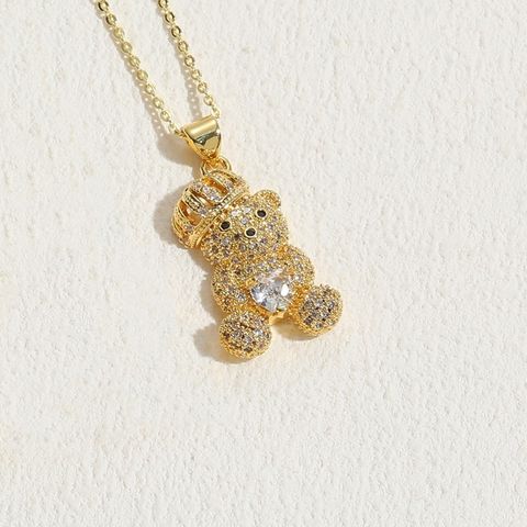 Elegant Luxurious Classic Style Animal Bear Copper 14k Gold Plated Zircon Pendant Necklace In Bulk