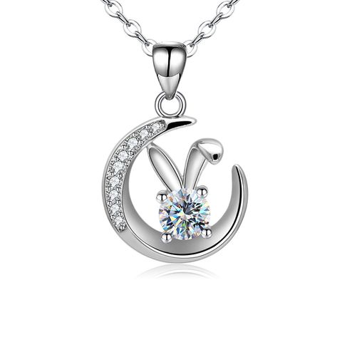 Wholesale Elegant Rabbit Moon Sterling Silver Inlay Moissanite Zircon Pendant Necklace
