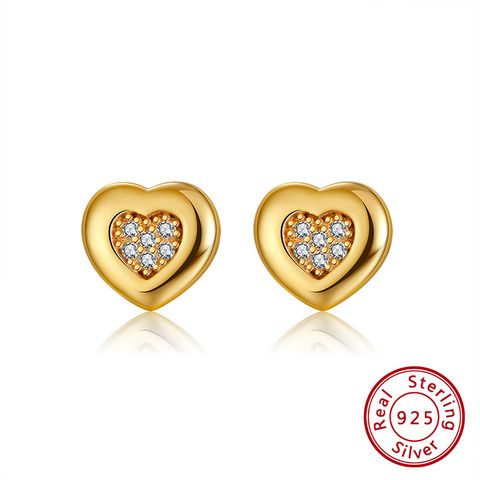 1 Pair Modern Style Simple Style Classic Style Heart Shape Plating Inlay Sterling Silver Zircon 14k Gold Plated Ear Studs