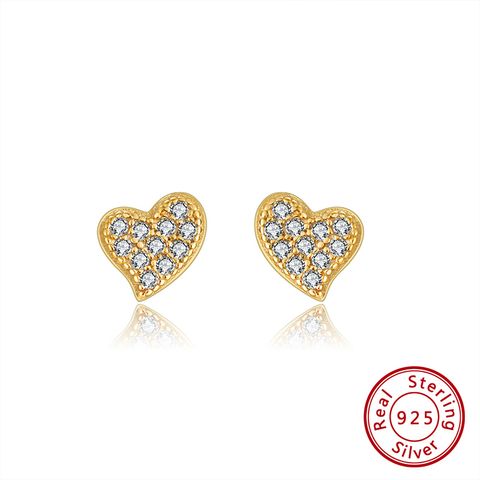 1 Pair Casual Elegant Heart Shape Plating Inlay Sterling Silver Zircon 14k Gold Plated Ear Studs