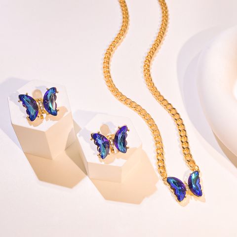 Lady Butterfly Alloy Inlay Artificial Gemstones Women's Earrings Necklace