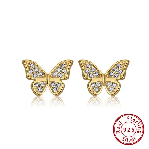 1 Pair Simple Style Butterfly Handmade Plating Inlay Sterling Silver Zircon 14k Gold Plated Ear Studs