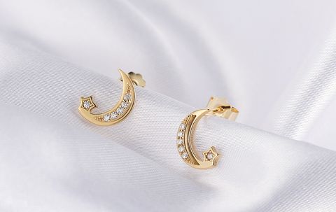 1 Pair Simple Style Pentagram Moon Polishing Plating Inlay Sterling Silver Zircon 14k Gold Plated Ear Studs