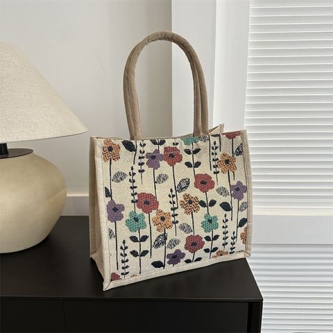 Women's Medium All Seasons Canvas Flower Streetwear Square Magnetic Buckle Tote Bag