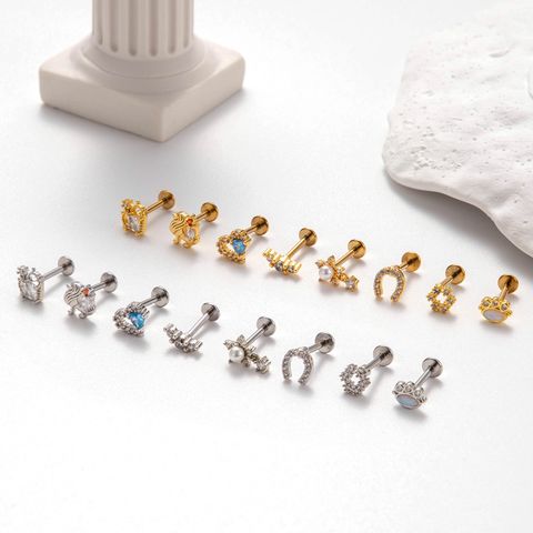 1 Piece Ear Cartilage Rings & Studs Simple Style Heart Shape Crown Flower Pure Titanium Copper Inlay Zircon