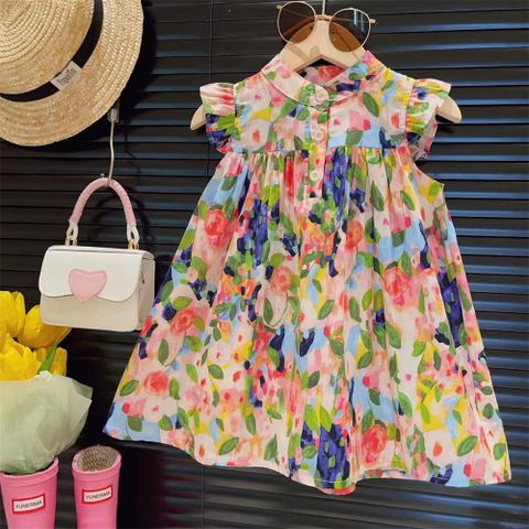 Princess Cute Color Block Printing Ruched Cotton Girls Dresses
