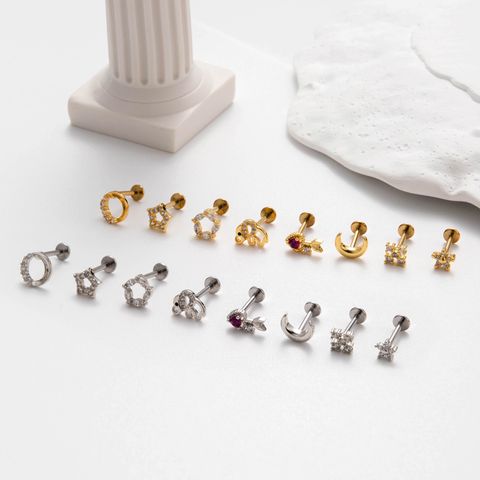 1 Piece Ear Cartilage Rings & Studs Simple Style Star Moon Flower Pure Titanium Copper Inlay Zircon