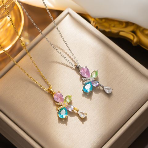 Simple Style Butterfly Stainless Steel Plating Inlay Zircon 18k Gold Plated Pendant Necklace