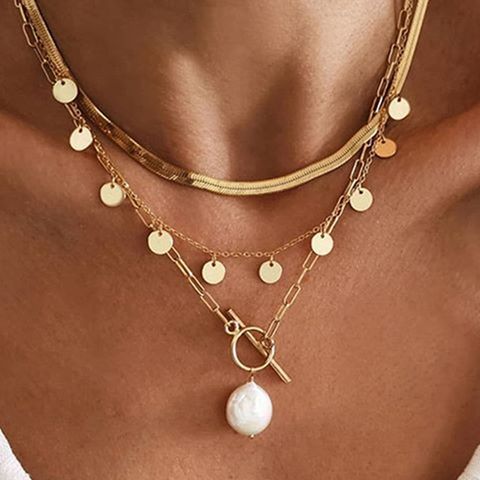 Retro Round Imitation Pearl Alloy Toggle Women's Layered Necklaces
