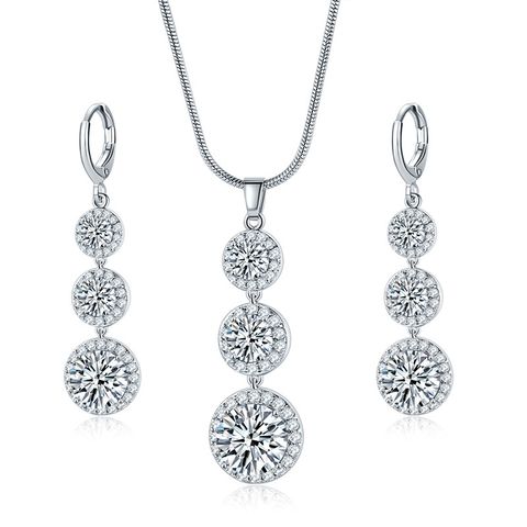 Copper Zircon Rhodium Plated Casual Vintage Style Inlay Round Zircon Earrings Necklace Jewelry Set