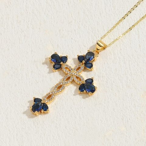 Luxurious Classic Style Cross Copper 14k Gold Plated Zircon Pendant Necklace In Bulk