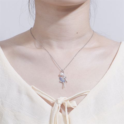 Stainless Steel Imitation Pearl Gold Plated Simple Style Inlay Ballet Girl Zircon Pendant Necklace Necklace