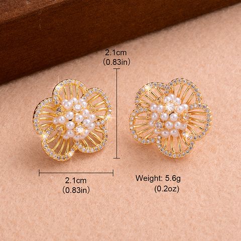 1 Pair Ig Style Sweet Flower Plating Inlay Copper Pearl Zircon 14k Gold Plated Ear Studs