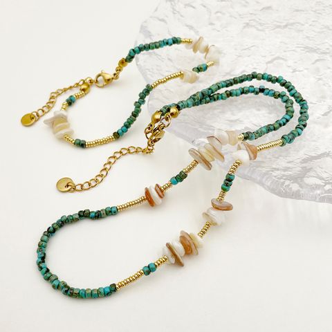 Vintage Style Vacation Color Block Gold Plated Natural Stone Beads 304 Stainless Steel Beaded Gravel Wholesale Bracelets Necklace