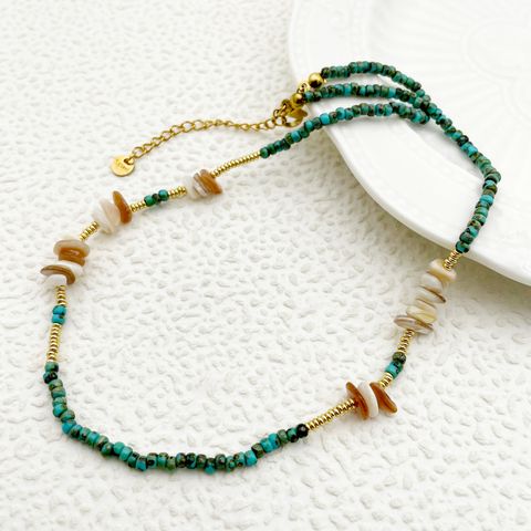 Vintage Style Vacation Color Block Gold Plated Natural Stone Beads 304 Stainless Steel Beaded Gravel Wholesale Bracelets Necklace