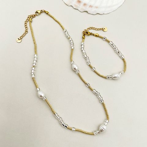 Glam Roman Style Round Gold Plated Pearl Beads 304 Stainless Steel Beaded Wholesale Bracelets Necklace