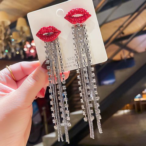 1 Pair Sweet Lips Inlay Alloy Rhinestones Drop Earrings