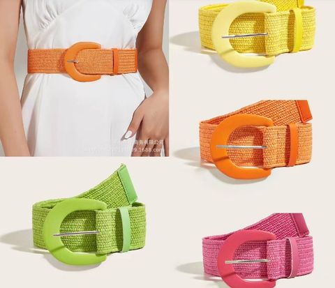 Diseño Original Color Sólido Hierba De Polipropileno Cuero Sintético Mujeres Cinturones Tejidos
