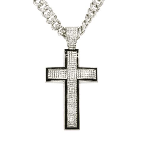 Fashion Full Diamond Cross Pendant Cuban Chain Alloy Necklace Wholesale