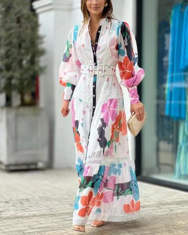 Women's Shirt Dress Casual Standing Collar Printing Long Sleeve Printing Maxi Long Dress Street