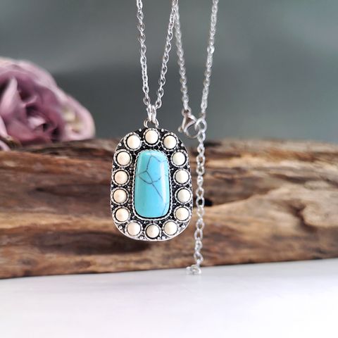 Retro Square Alloy Plating Inlay Turquoise Women's Pendant Necklace
