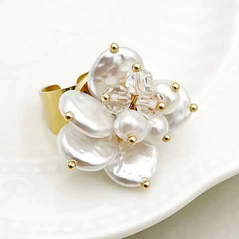 304 Stainless Steel 14K Gold Plated Casual Commute Plating Flower Crystal Pearl Shell Open Rings
