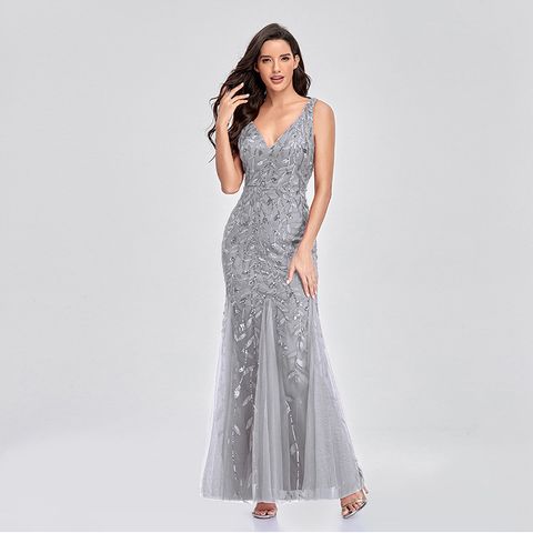 Party Dress Elegant Deep V Sequins Backless Sleeveless Leaves Solid Color Maxi Long Dress Daily