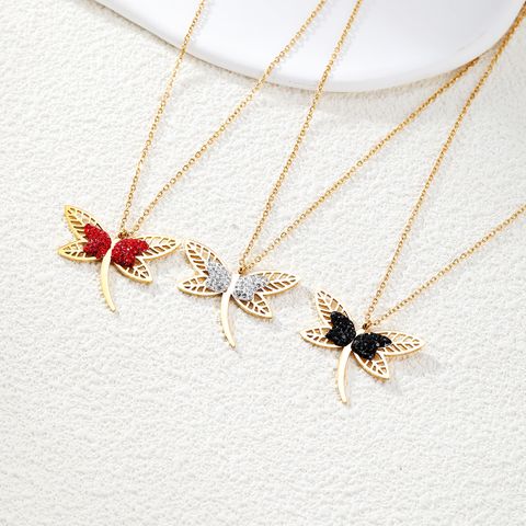 201 Stainless Steel 18K Gold Plated Modern Style Korean Style Plating Hollow Out Inlay Dragonfly Rhinestones Glass Pendant Necklace