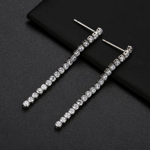 1 Pair Simple Style Shiny Tassel Plating Inlay Copper Zircon Rhodium Plated Drop Earrings
