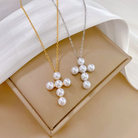 Titanium Steel Basic Modern Style Korean Style Inlay Cross Artificial Pearls Pendant Necklace