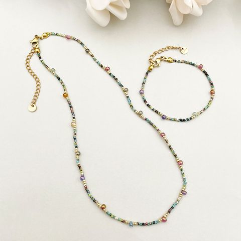 Basic Simple Style Geometric Gold Plated Natural Stone Crystal Beads 304 Stainless Steel Beaded Wholesale Bracelets Necklace