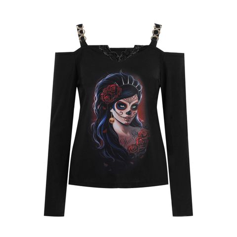 Women's T-shirt Long Sleeve T-shirts Printing Lace Sexy Human Rose Skull