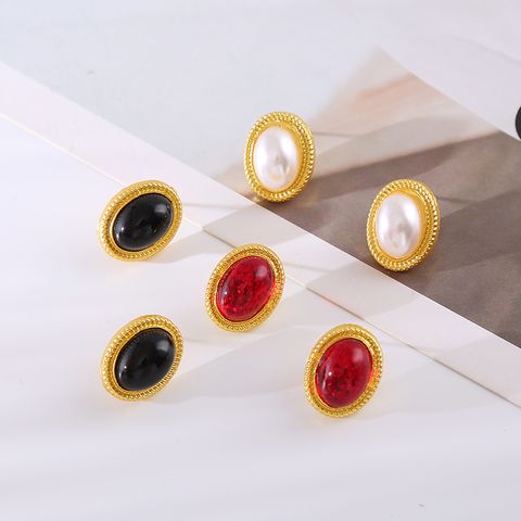 1 Pair Elegant Oval Inlay Artificial Gemstones Alloy Artificial Gemstones Ear Studs